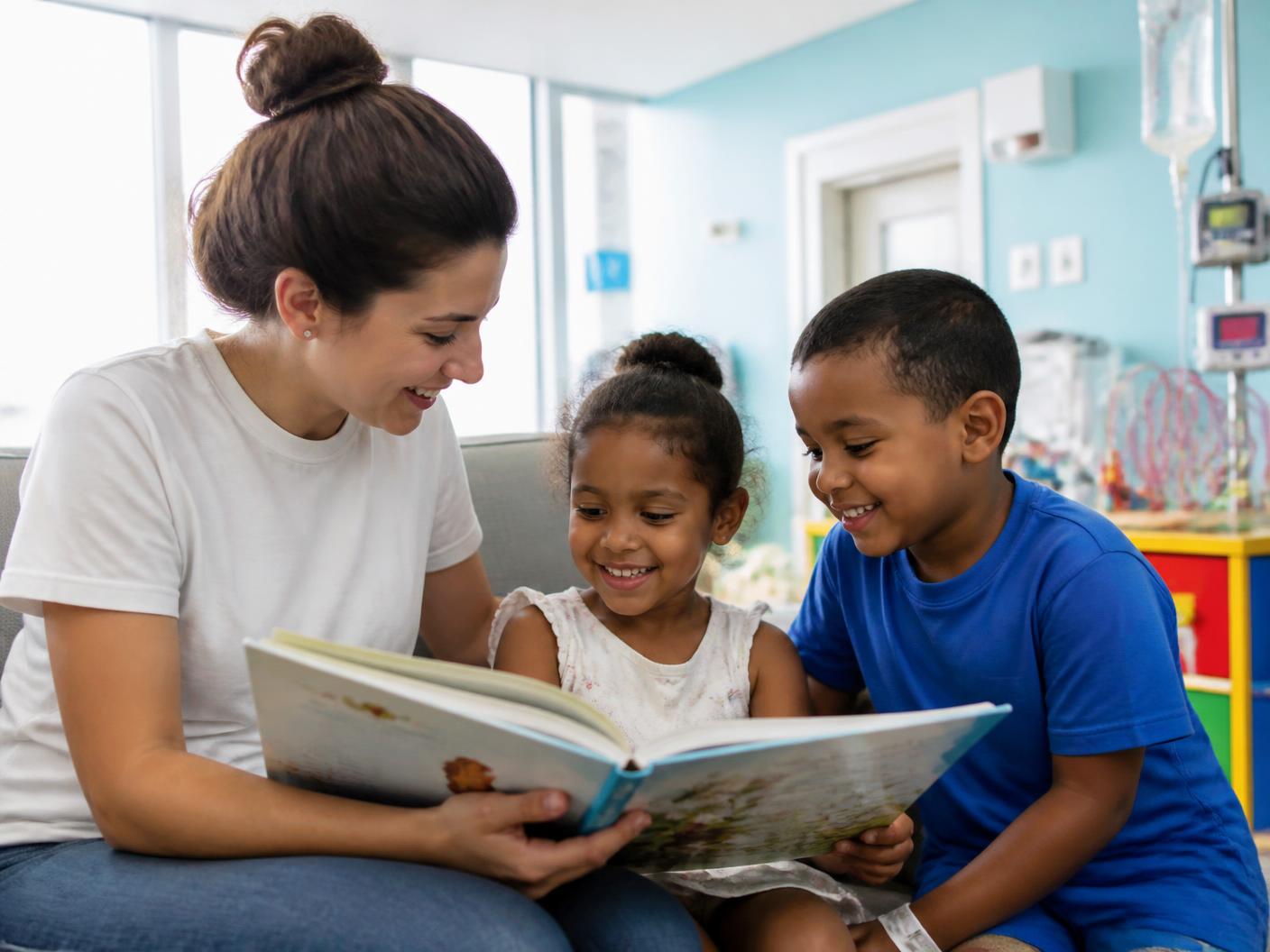 Voluntária lendo um livro com duas crianças no hospital